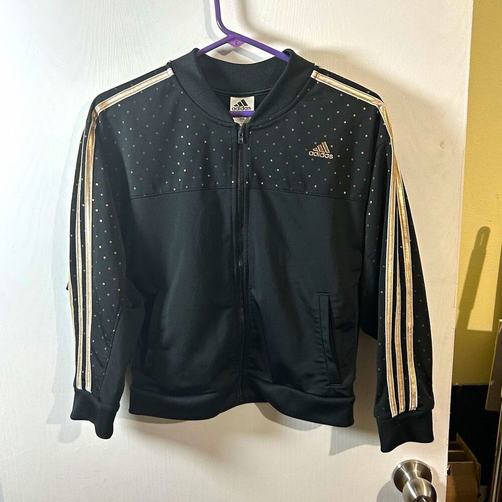 adidas Girls 14 Black/Gold Polka Dot Full Zip Track Jacket w/ Pockets